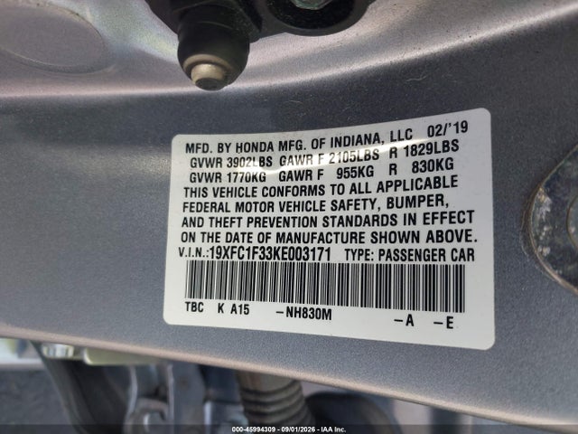 Продаж на аукціоні авто 2019 Honda Civic Ex, vin: 19XFC1F33KE003171, номер лоту: 45994309
