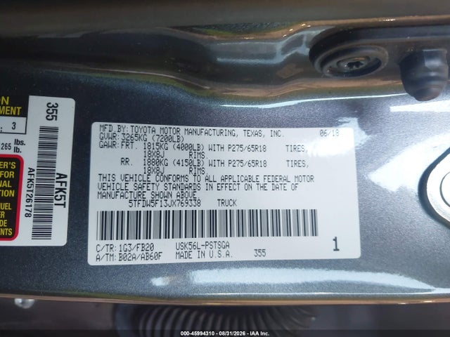 2018 Toyota Tundra Sr5 5.7l V8 მანქანა იყიდება აუქციონზე, vin: 5TFDW5F13JX769338, აუქციონის ნომერი: 45994310