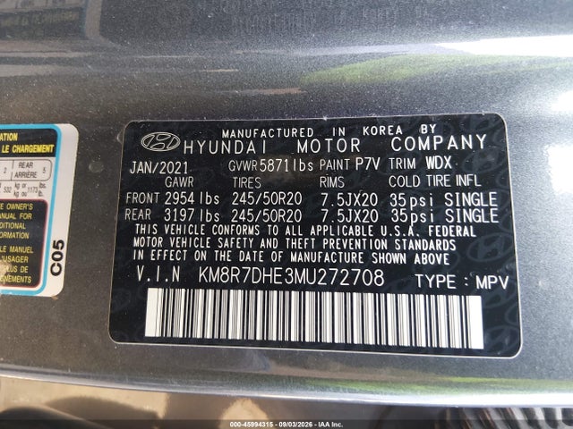 Aukcja sprzedaży 2021 Hyundai Palisade Calligraphy, vin: KM8R7DHE3MU272708, numer aukcji: 45994315