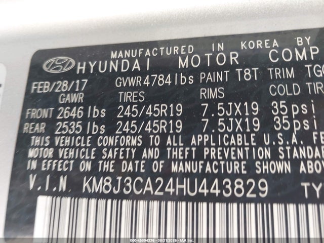Продаж на аукціоні авто 2017 Hyundai Tucson Sport, vin: KM8J3CA24HU443829, номер лоту: 45994326
