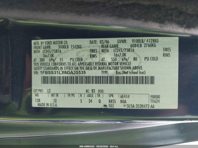 45994335 :رقم المزاد ، 1FBSS31LX6DA35535 vin ، 2006 Ford E-350 Super Duty Xl/xlt مزاد بيع