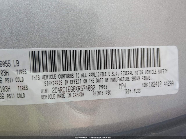Aukcja sprzedaży 2019 Chrysler Pacifica Touring L Plus, vin: 2C4RC1EG8KR574882, numer aukcji: 45994347