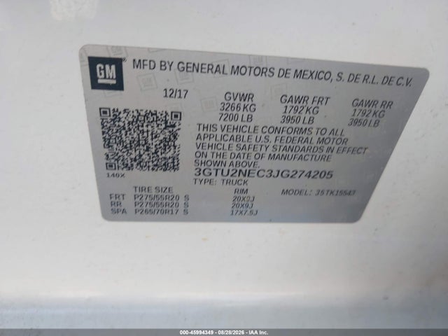 Aukcja sprzedaży 2018 Gmc Sierra 1500 Slt, vin: 3GTU2NEC3JG274205, numer aukcji: 45994349
