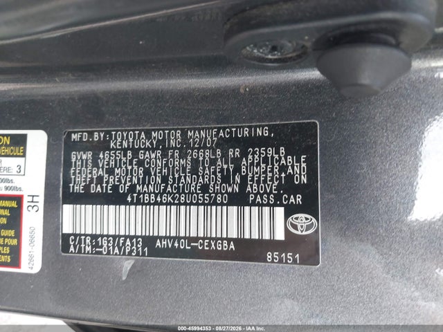 Aukcja sprzedaży 2008 Toyota Camry Hybrid, vin: 4T1BB46K28U055780, numer aukcji: 45994353