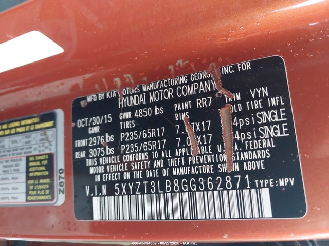 45994357 :رقم المزاد ، 5XYZT3LB8GG362871 vin ، 2016 Hyundai Santa Fe Sport 2.4l مزاد بيع