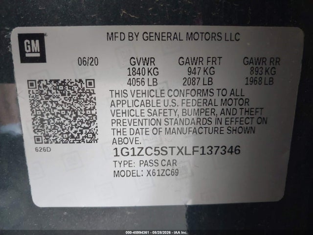 Aukcja sprzedaży 2020 Chevrolet Malibu Fwd 1fl, vin: 1G1ZC5STXLF137346, numer aukcji: 45994361