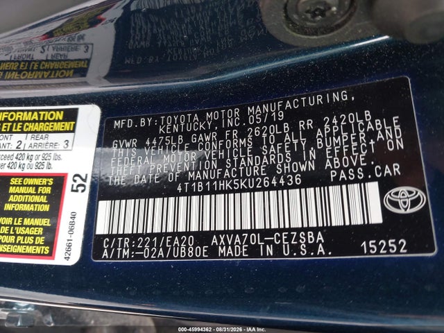 Продаж на аукціоні авто 2019 Toyota Camry L/le/xle/se/xse, vin: 4T1B11HK5KU264436, номер лоту: 45994362
