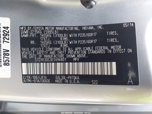 5TDYK3DC3ES494801 Toyota Sienna Xle V6 8 Passenger