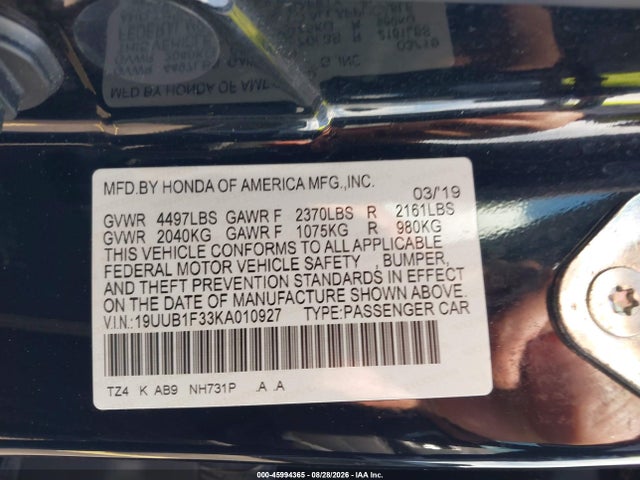 2019 Acura Tlx Standard მანქანა იყიდება აუქციონზე, vin: 19UUB1F33KA010927, აუქციონის ნომერი: 45994365