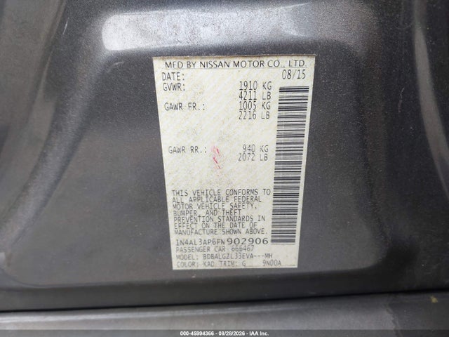45994366 :رقم المزاد ، 1N4AL3AP6FN902906 vin ، 2015 Nissan Altima 2.5 S مزاد بيع