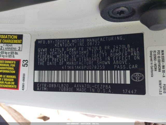 Продаж на аукціоні авто 2023 Toyota Camry Xse, vin: 4T1K61AK6PU078259, номер лоту: 45994367