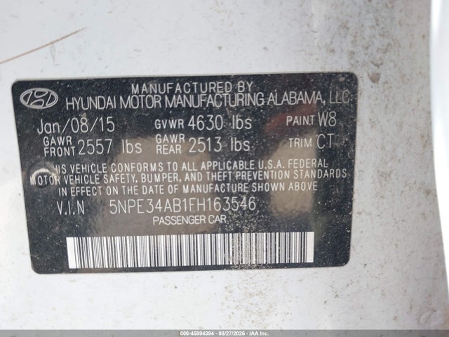 45994394 :رقم المزاد ، 5NPE34AB1FH163546 vin ، 2015 Hyundai Sonata Limited 2.0t مزاد بيع