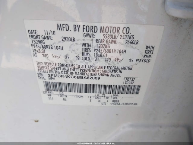 Aukcja sprzedaży 2011 Ford Edge Limited, vin: 2FMDK4KC8BBA62009, numer aukcji: 45994409