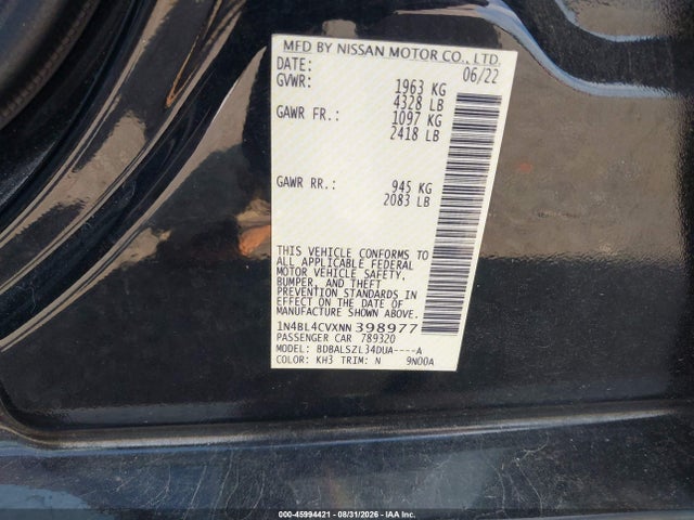 Продажа на аукционе авто 2022 Nissan Altima Sr Fwd, vin: 1N4BL4CVXNN398977, номер лота: 45994421