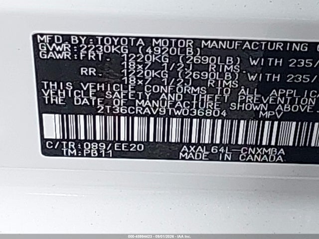 Aukcja sprzedaży 2026 Toyota Rav4 Xle Premium, vin: 2T36CRAV9TW036804, numer aukcji: 45994423