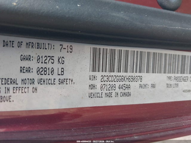 Aukcja sprzedaży 2019 Dodge Challenger Sxt Awd, vin: 2C3CDZGG6KH690378, numer aukcji: 45994435