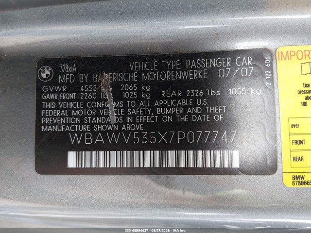 Продаж на аукціоні авто 2007 Bmw 328xi, vin: WBAWV535X7P077747, номер лоту: 45994437