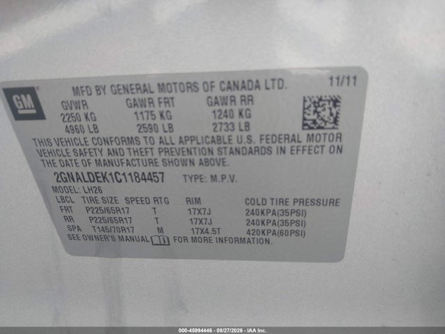 Продаж на аукціоні авто 2012 Chevrolet Equinox 1lt, vin: 2GNALDEK1C1184457, номер лоту: 45994446