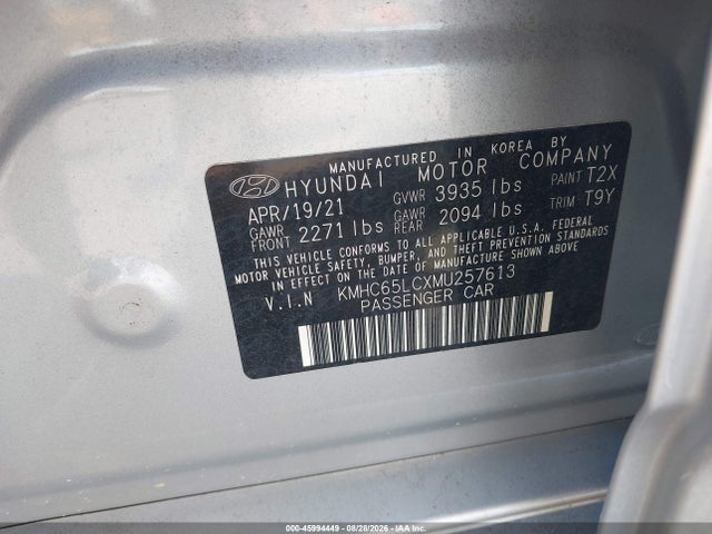 45994449 :رقم المزاد ، KMHC65LCXMU257613 vin ، 2021 Hyundai Ioniq Hybrid Blue مزاد بيع