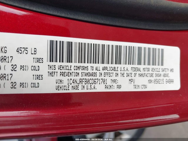 Продаж на аукціоні авто 2012 Jeep Patriot Latitude, vin: 1C4NJRFB0CD671701, номер лоту: 45994459