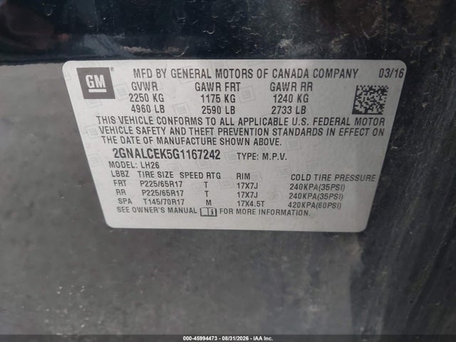 Aukcja sprzedaży 2016 Chevrolet Equinox Lt, vin: 2GNALCEK5G1167242, numer aukcji: 45994473