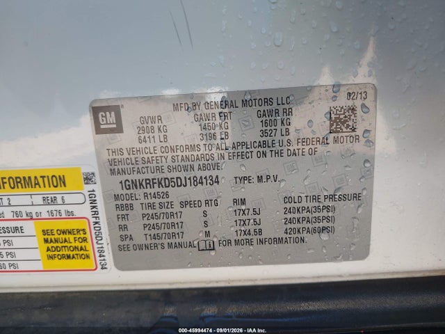 Продаж на аукціоні авто 2013 Chevrolet Traverse Ls, vin: 1GNKRFKD5DJ184134, номер лоту: 45994474