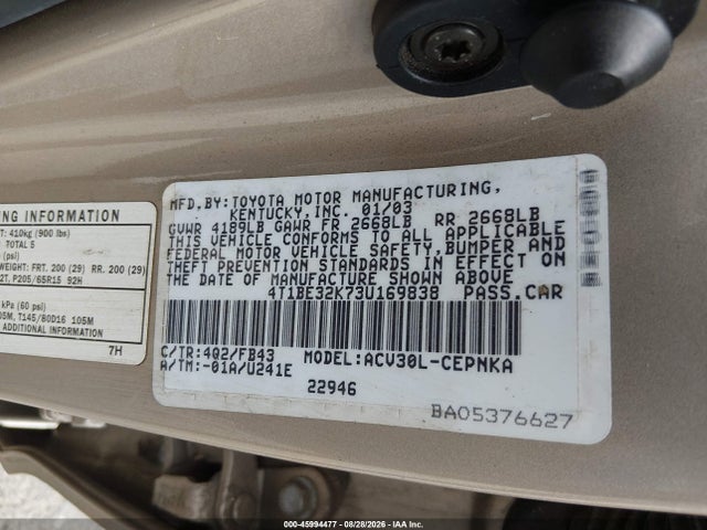 Auction sale of the 2003 Toyota Camry Le, vin: 4T1BE32K73U169838, lot number: 45994477
