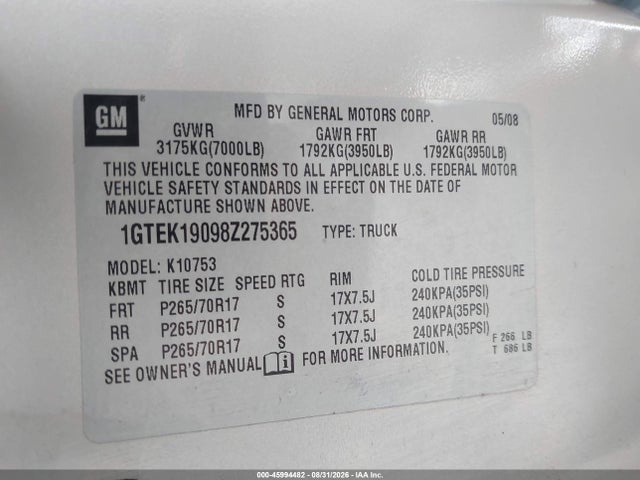 Auction sale of the 2008 Gmc Sierra 1500 Sle1, vin: 1GTEK19098Z275365, lot number: 45994482