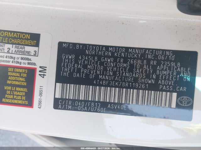 45994489 :رقم المزاد ، 4T4BF3EK7BR119261 vin ، 2011 Toyota Camry Le مزاد بيع