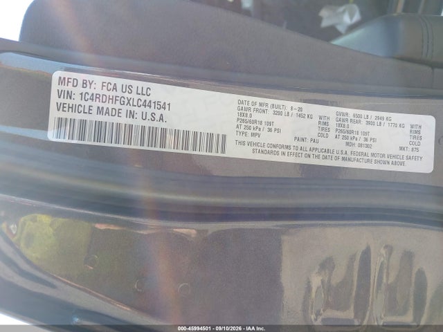 Продаж на аукціоні авто 2020 Dodge Durango Special Service Rwd, vin: 1C4RDHFGXLC441541, номер лоту: 45994501