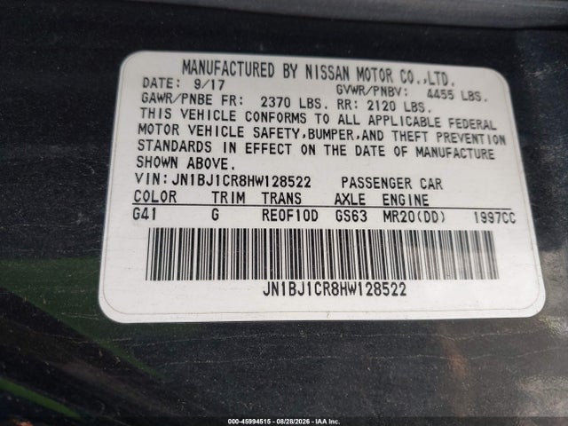 2017 Nissan Rogue Sport Sv მანქანა იყიდება აუქციონზე, vin: JN1BJ1CR8HW128522, აუქციონის ნომერი: 45994515