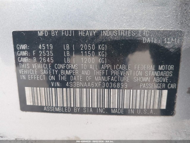 Продажа на аукционе авто 2015 Subaru Legacy 2.5i, vin: 4S3BNAA6XF3036899, номер лота: 45994529