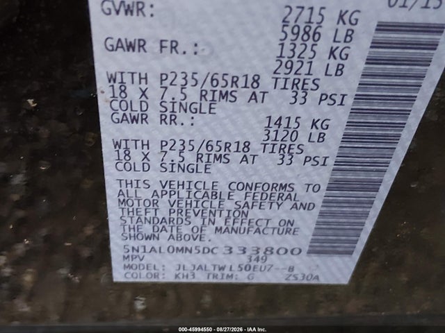 45994550 :رقم المزاد ، 5N1AL0MN5DC333800 vin ، 2013 Infiniti Jx35 مزاد بيع