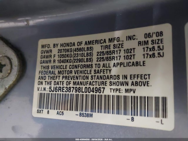Продажа на аукционе авто 2008 Honda Cr-v Ex-l, vin: 5J6RE38798L004967, номер лота: 45994558
