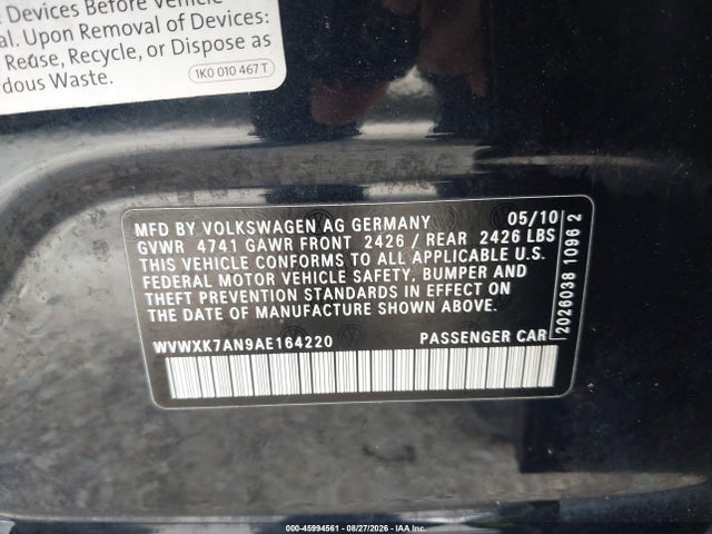 Продаж на аукціоні авто 2010 Volkswagen Passat Komfort, vin: WVWXK7AN9AE164220, номер лоту: 45994561