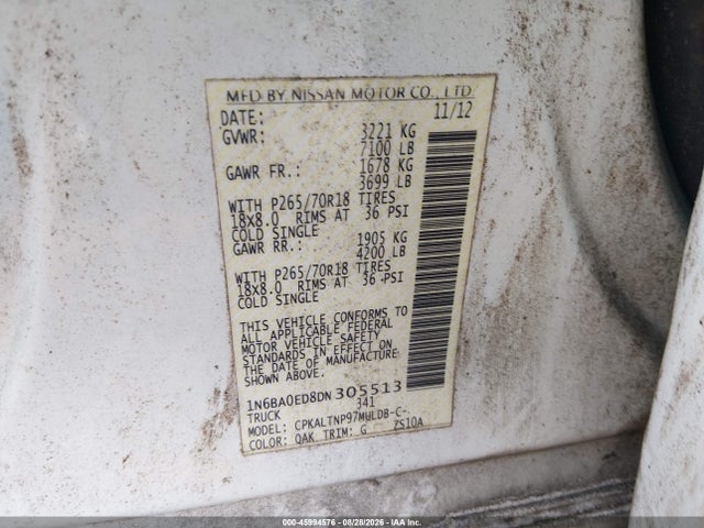 2013 Nissan Titan Sv მანქანა იყიდება აუქციონზე, vin: 1N6BA0ED8DN305513, აუქციონის ნომერი: 45994576