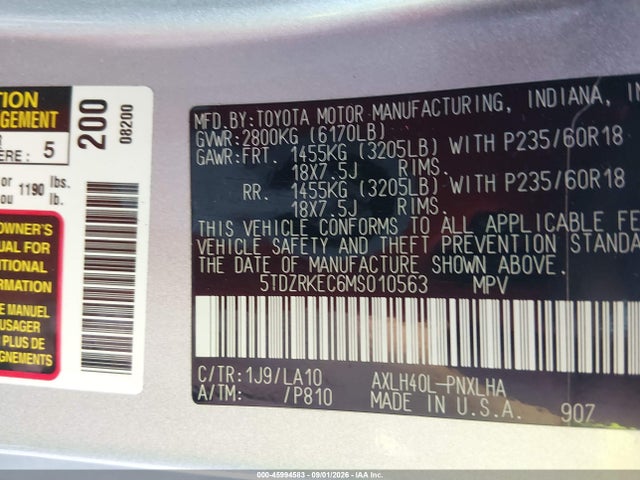 5TDZRKEC6MS010563 Toyota Sienna Limited