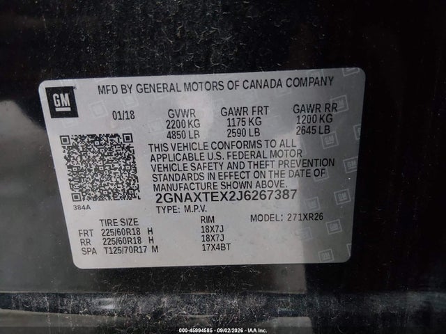 Aukcja sprzedaży 2018 Chevrolet Equinox Lt, vin: 2GNAXTEX2J6267387, numer aukcji: 45994585