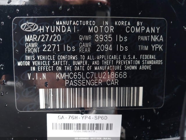 2020 Hyundai Ioniq Hybrid Blue მანქანა იყიდება აუქციონზე, vin: KMHC65LC7LU218668, აუქციონის ნომერი: 45994600