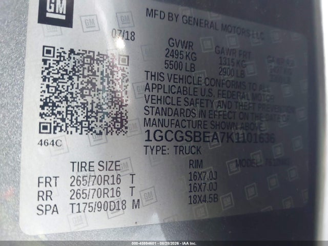 Aukcja sprzedaży 2019 Chevrolet Colorado Wt, vin: 1GCGSBEA7K1101636, numer aukcji: 45994601