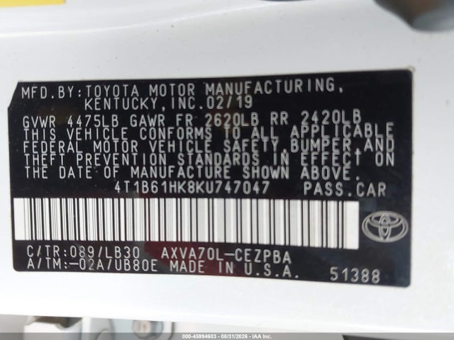 2019 Toyota Camry Xse მანქანა იყიდება აუქციონზე, vin: 4T1B61HK8KU747047, აუქციონის ნომერი: 45994603