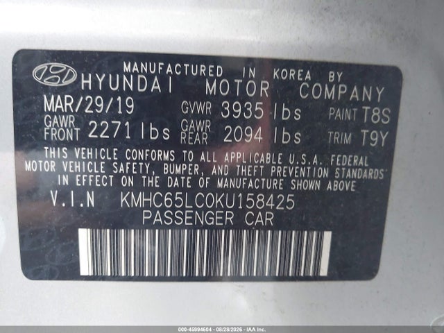 Aukcja sprzedaży 2019 Hyundai Ioniq Hybrid Blue, vin: KMHC65LC0KU158425, numer aukcji: 45994604