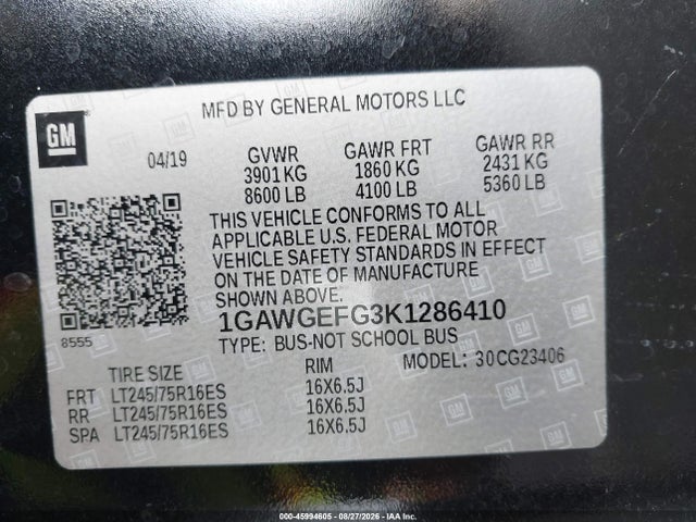 Aukcja sprzedaży 2019 Chevrolet Express 2500 Ls, vin: 1GAWGEFG3K1286410, numer aukcji: 45994605