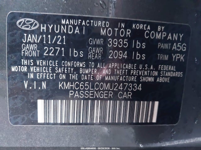 2021 Hyundai Ioniq Hybrid Blue მანქანა იყიდება აუქციონზე, vin: KMHC65LC0MU247334, აუქციონის ნომერი: 45994606