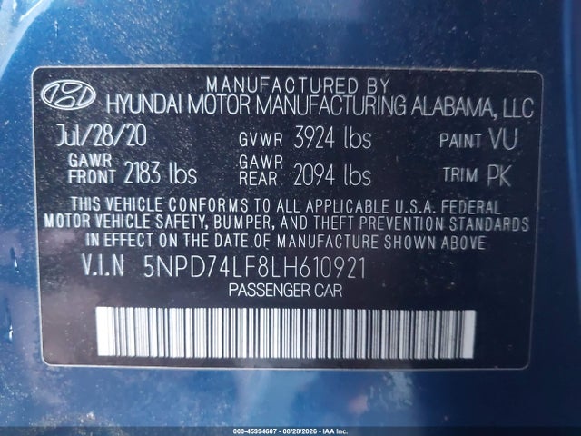 2020 Hyundai Elantra Se მანქანა იყიდება აუქციონზე, vin: 5NPD74LF8LH610921, აუქციონის ნომერი: 45994607