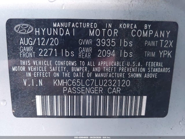 45994608 :رقم المزاد ، KMHC65LC7LU232120 vin ، 2020 Hyundai Ioniq Hybrid Blue مزاد بيع