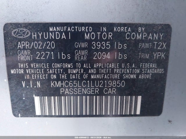 Aukcja sprzedaży 2020 Hyundai Ioniq Hybrid Blue, vin: KMHC65LC1LU219850, numer aukcji: 45994613