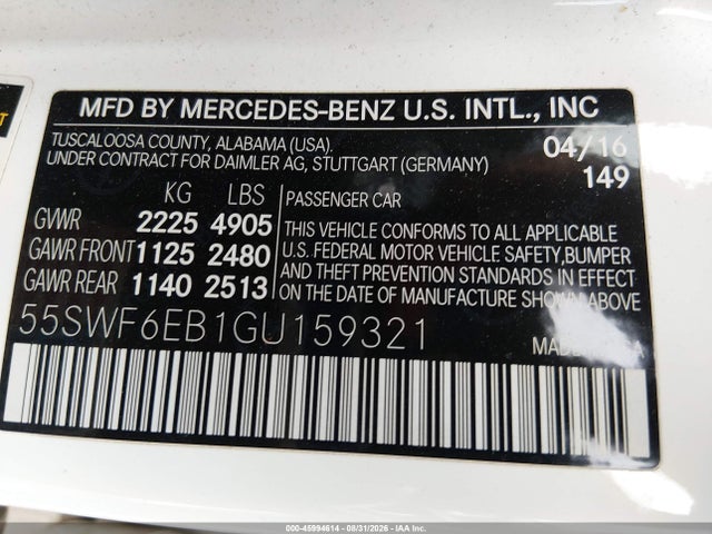 45994614 :رقم المزاد ، 55SWF6EB1GU159321 vin ، 2016 Mercedes-benz C 450 Amg 4matic مزاد بيع