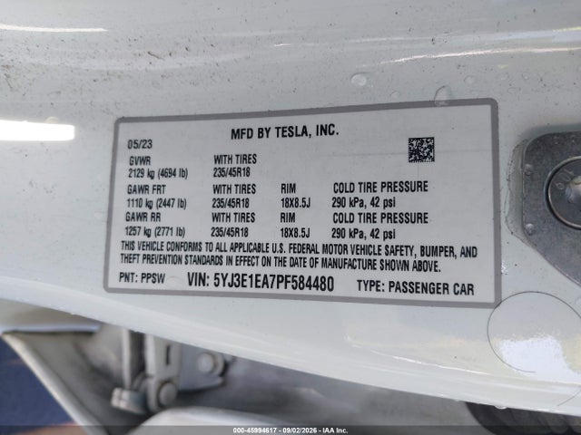 Aukcja sprzedaży 2023 Tesla Model 3 Rear-wheel Drive, vin: 5YJ3E1EA7PF584480, numer aukcji: 45994617