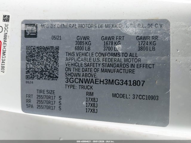 Продаж на аукціоні авто 2021 Chevrolet Silverado 1500 2wd  Long Bed Wt, vin: 3GCNWAEH3MG341807, номер лоту: 45994621